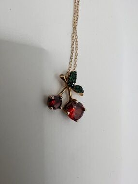 Gold-Tone sterling silver Cherry Pendant Necklace with Red and Green Crystals